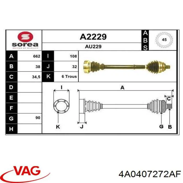 Купити 4A0407272DJ VAG Піввісь права