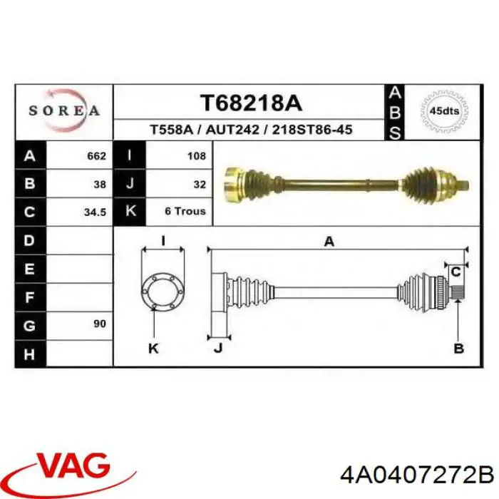 Піввісь передня, права VAG 4A0407272B ціна, від 112.99 USD