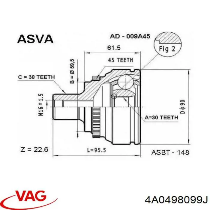 ШРУС зовнішній передній 4A0498099J VAG
