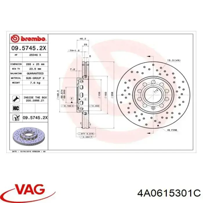 Диск переднього гальма VAG 4A0615301C ціна, від 32.53 USD
