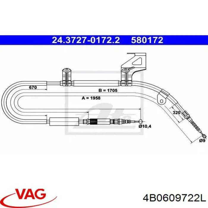 Трос стоянкового гальма задній правий VAG 4B0609722L ціна, від 23.23 USD