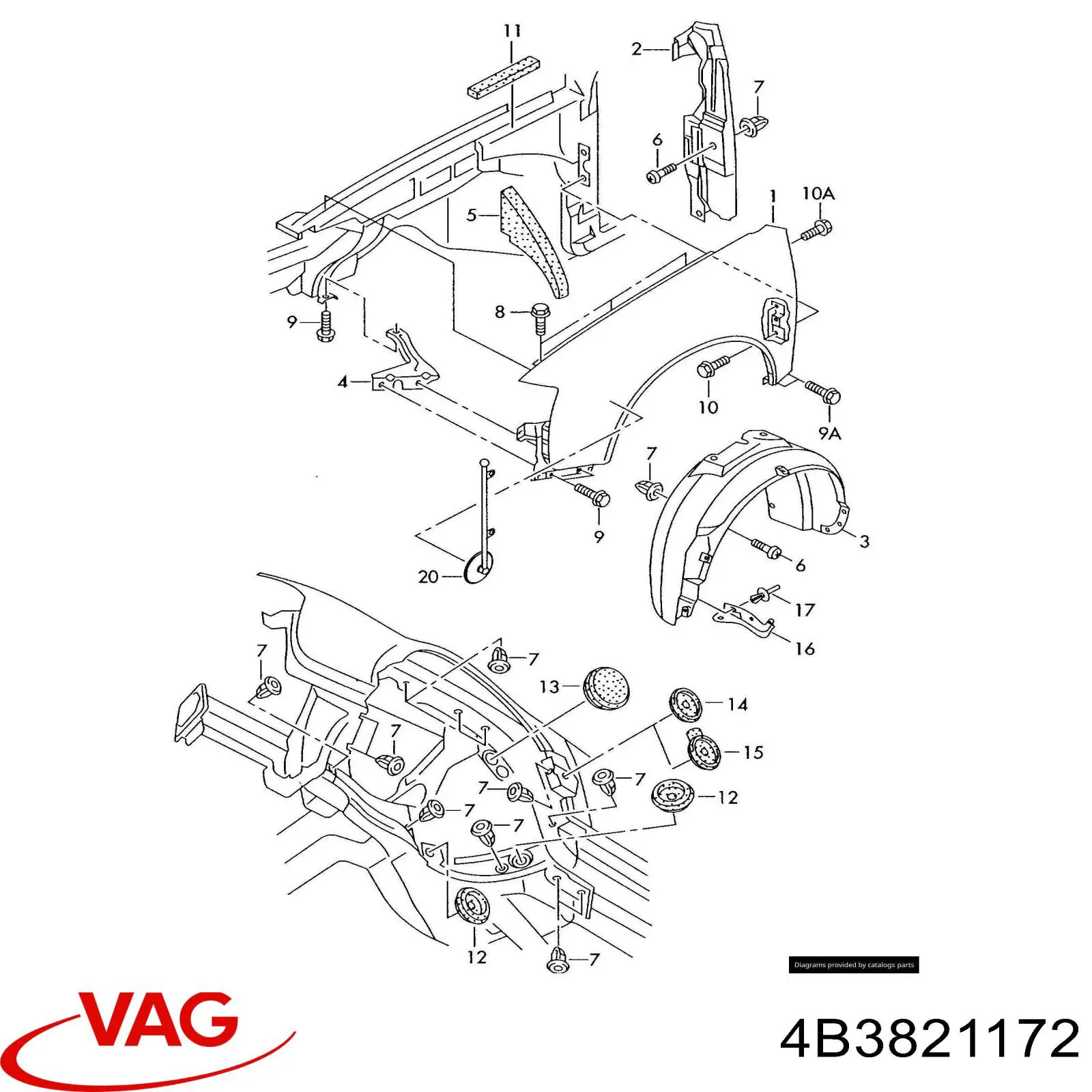 Подкрильнікі переднього крила, правий VAG 4B3821172 ціна, від 17.23 USD
