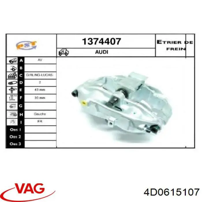Супорт гальмівний передній лівий VAG 4D0615107 ціна, від 63.33 USD