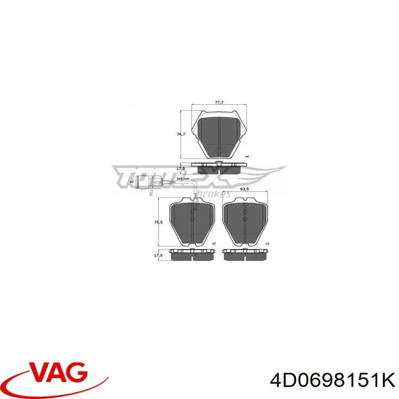 Купити 4D0698151K VAG Колодки гальмівні передні, дискові