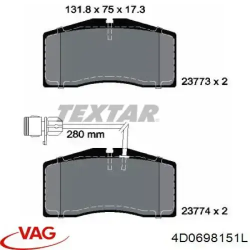 Купити 4D0698151L VAG Колодки гальмівні передні, дискові