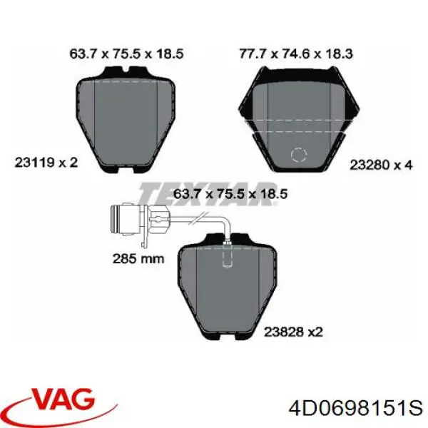 Купити 4D0698151S VAG Колодки гальмівні передні, дискові