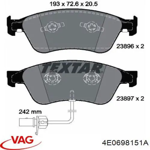 Колодки гальмівні передні, дискові 4E0698151A VAG