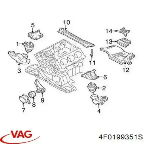 Кронштейн подушки (опори) двигуна, лівої 4F0199351S VAG