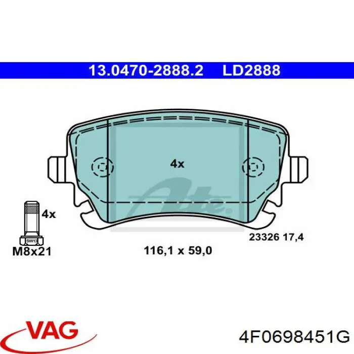 Колодки гальмові задні, дискові 4F0698451G VAG