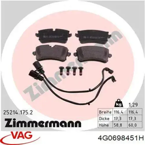 4G0698451H VAG Колодки гальмівні задні, дискові