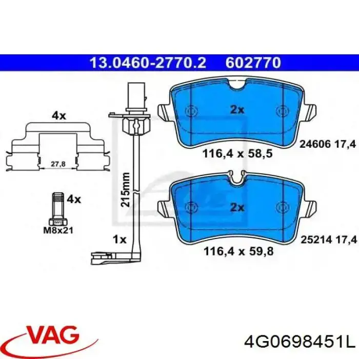 Задні гальмівні колодки VAG 4G0698451L ціна, від 107.37 USD