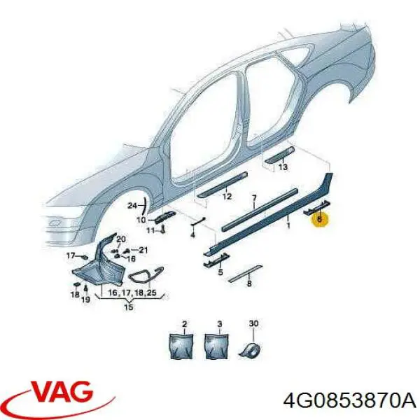 Заглушка отвору під домкрат/заглушка порогу 4G0853870A VAG