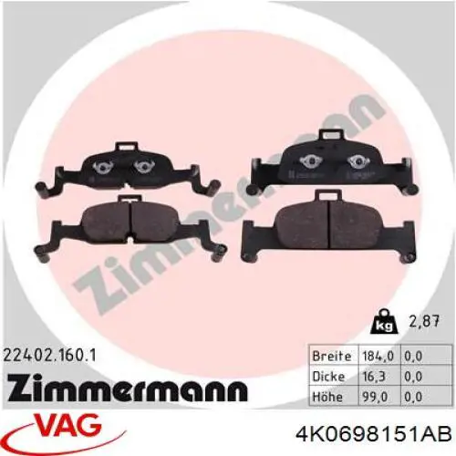 Гальмівні колодки VAG 4K0698151AB ціна, від 180.03 USD