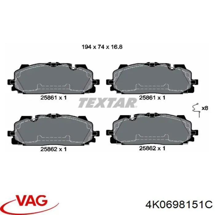 Колодки гальмівні передні, дискові 4K0698151C VAG