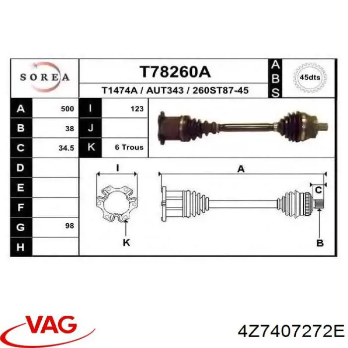 Купити 4Z7407272E VAG Піввісь права