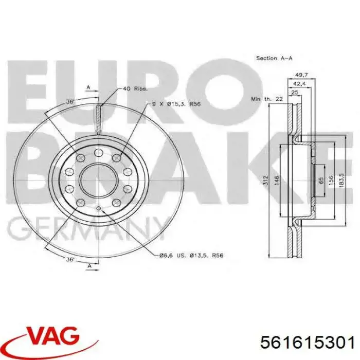Диск переднього гальма VAG 561615301 ціна, від 16.93 USD