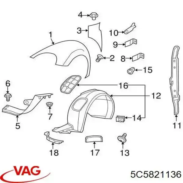 Кронштейн кріплення крила переднього правого, передній VAG 5C5821136 ціна, від 64.24 USD