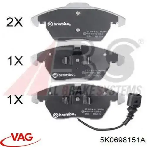 Купити 5K0698151A VAG Колодки гальмівні передні, дискові