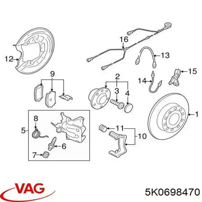 Ремкомплект супорту гальмівного переднього VAG 5K0698470 ціна, від 7.31 USD