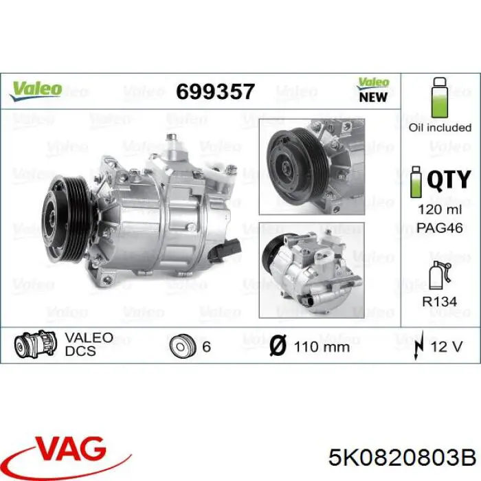 Компресор системи кондиціювання VAG 5K0820803B ціна, від 98.76 USD
