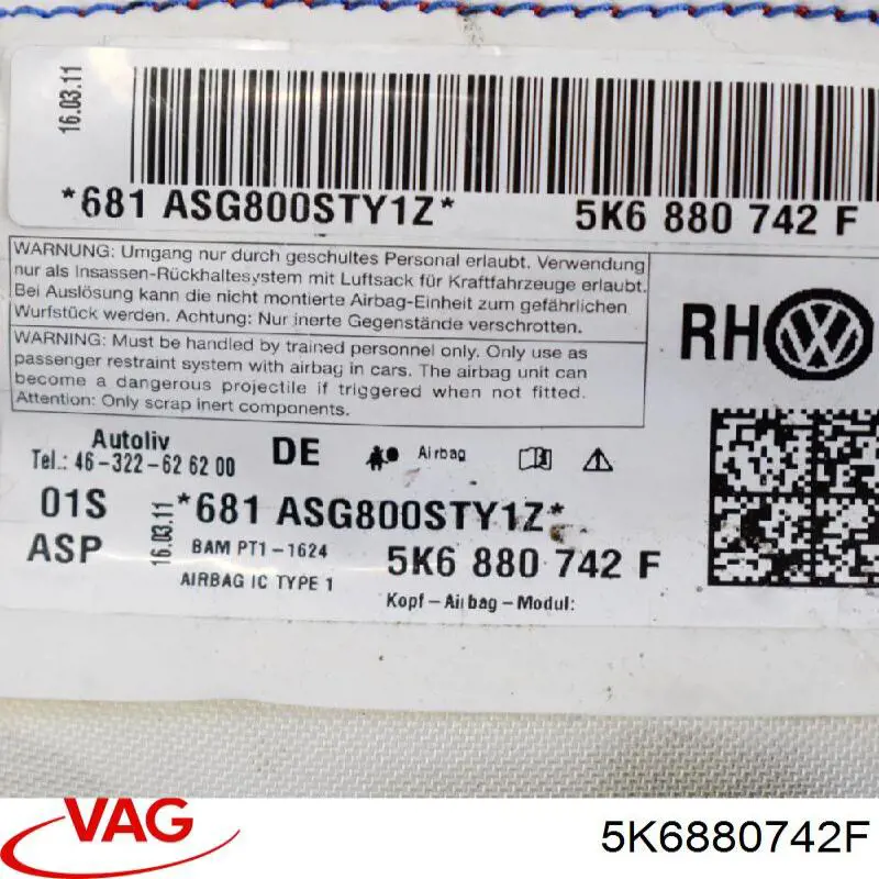 Подушка безпеки, збоку, права, AIRBAG Volkswagen Golf 6 (5K1) (Фольцваген Гольф)