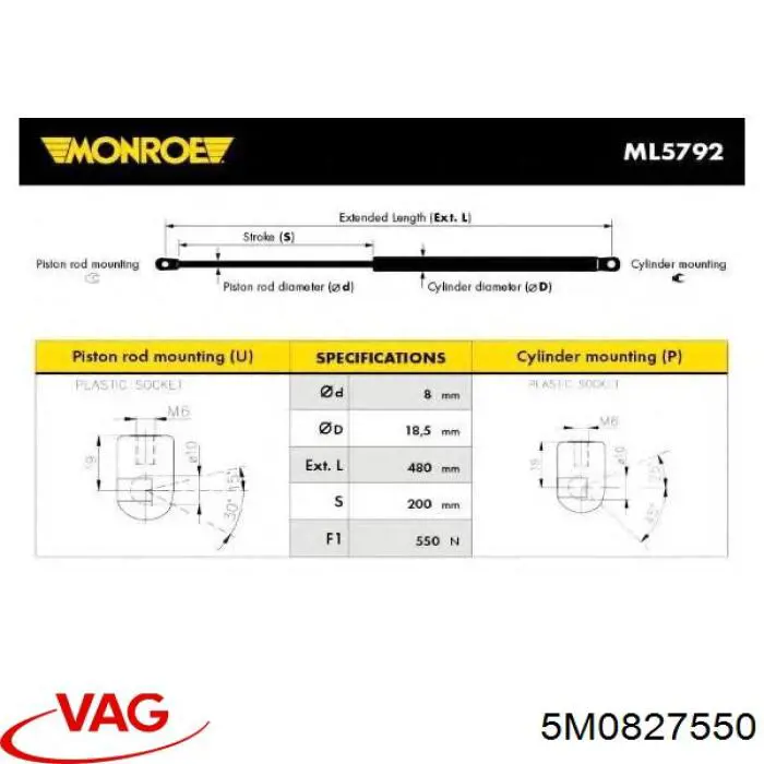 Амортизатор двері задньої VAG 5M0827550 ціна, від 9.37 USD
