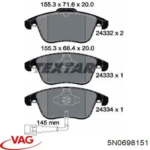 5N0698151 VAG Передні гальмівні колодки