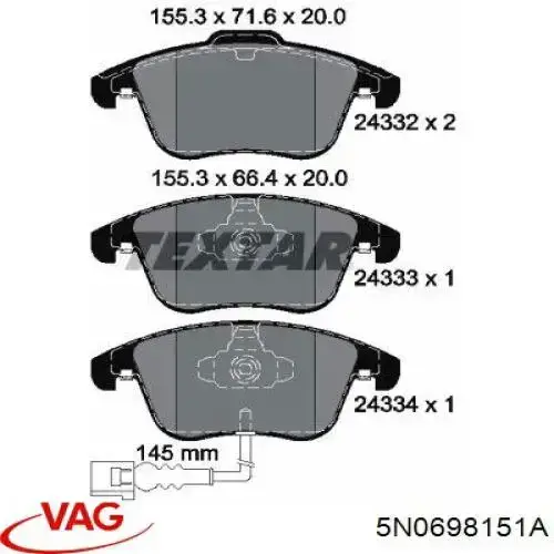 Гальмівні колодки VAG 5N0698151A ціна, від 25.92 USD