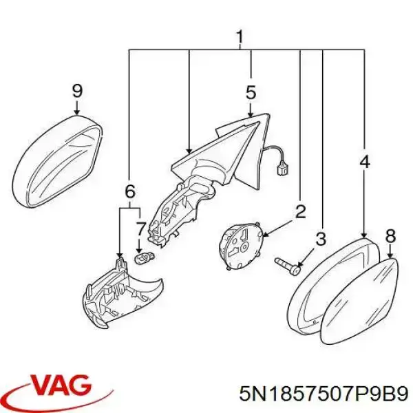 Дзеркало заднього виду, ліве 5N1857507P9B9 VAG