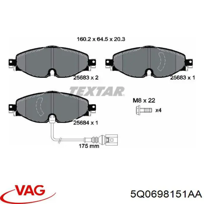 Колодки гальмівні передні, дискові 5Q0698151AA VAG