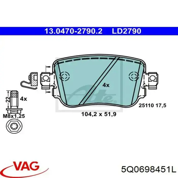 Задні гальмівні колодки VAG 5Q0698451L ціна, від 51.71 USD