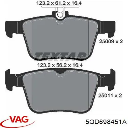 Задні гальмівні колодки VAG 5QD698451A ціна, від 25.59 USD