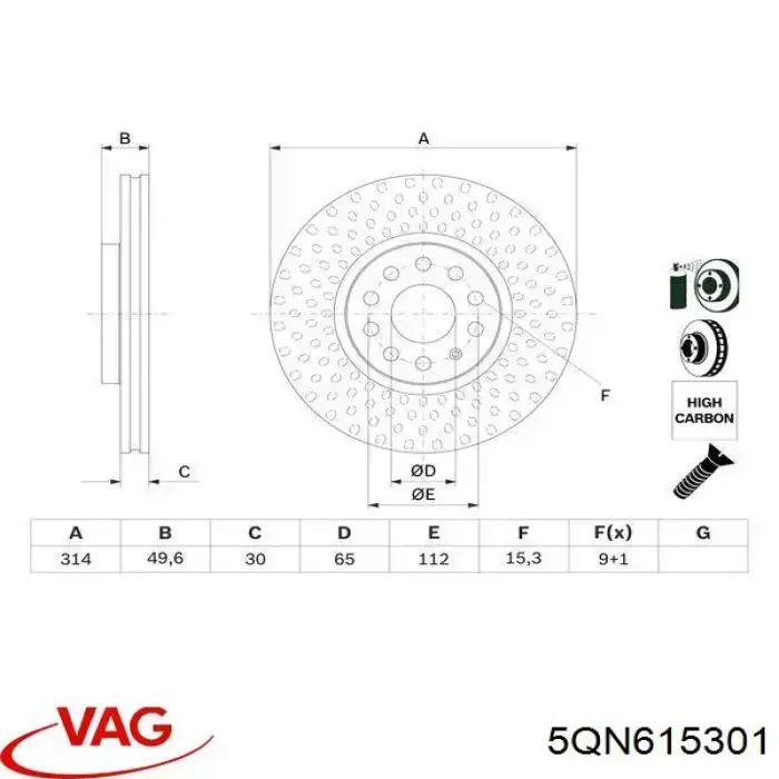 Диск переднього гальма VAG 5QN615301 ціна, від 55.12 USD