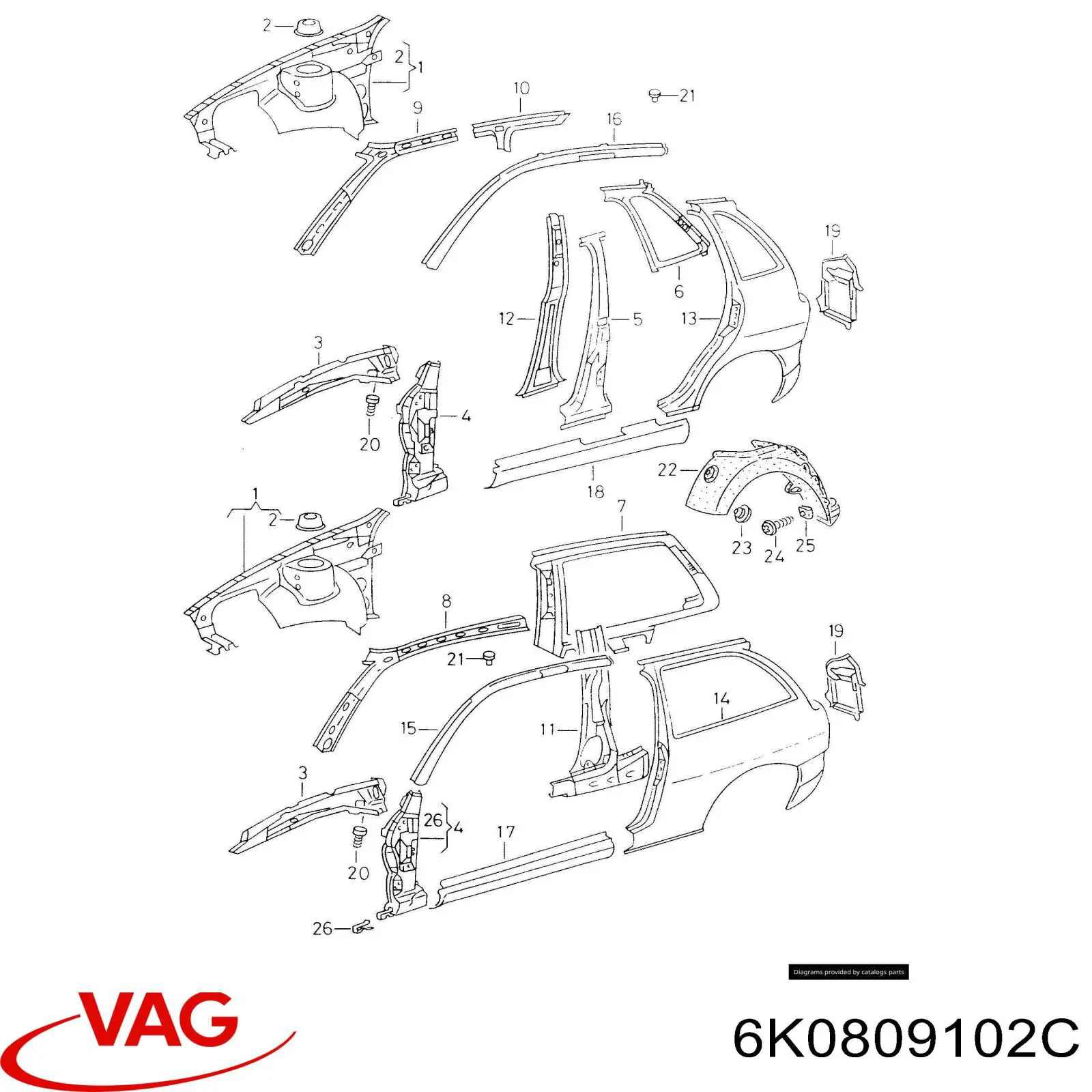 6K0809102A VAG панель бризковика (лонжерону моторного відсіку, права)