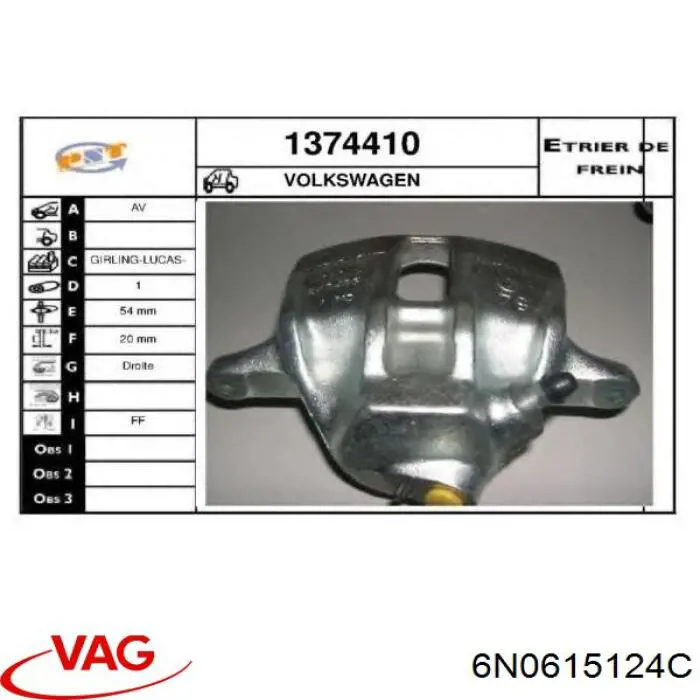 Купити 6N0615124C VAG Супорт гальмівний передній правий