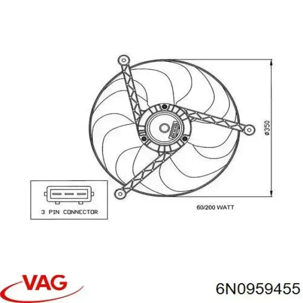Електровентилятор охолодження в зборі (двигун + крильчатка) 6N0959455 VAG