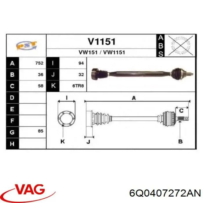 Піввісь передня, права VAG 6Q0407272AN ціна, від 34.49 USD