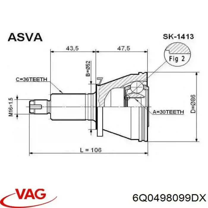 ШРУС зовнішній передній 6Q0498099DX VAG