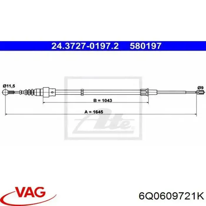 Трос ручного гальма задній, правий/лівий 6Q0609721K VAG