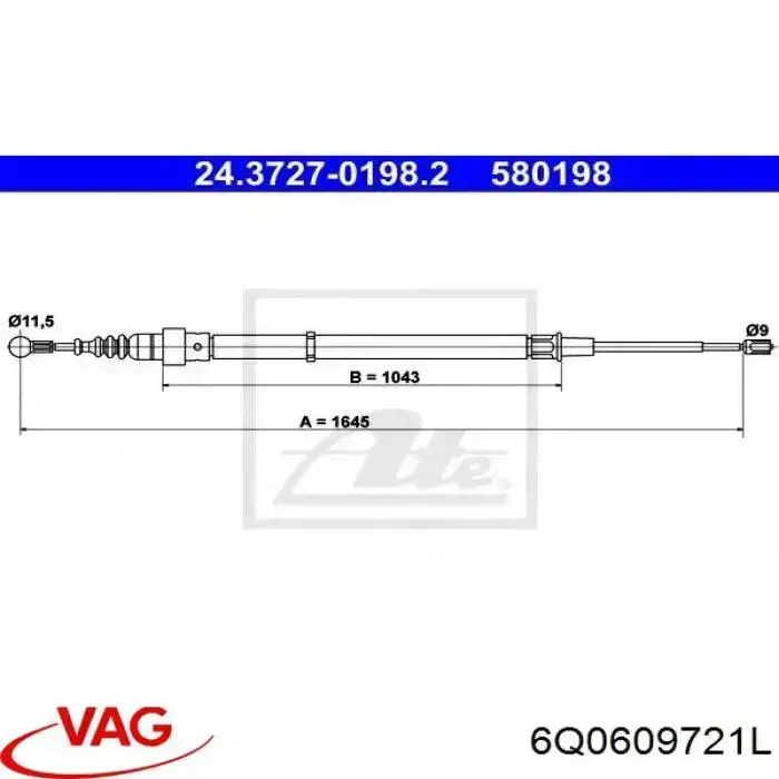 Трос ручного гальма задній, правий/лівий VAG 6Q0609721L ціна, від 7.87 USD