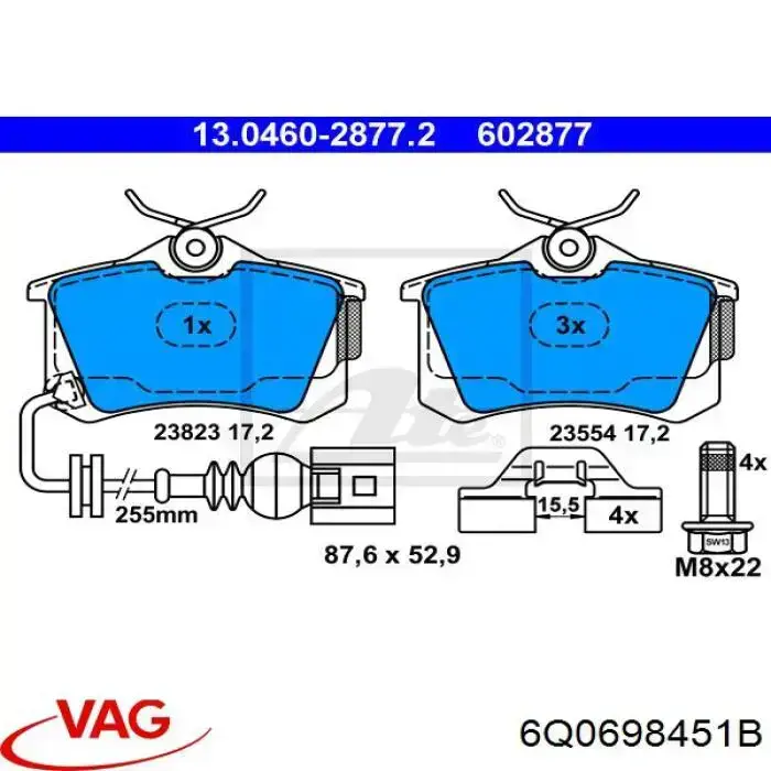 Задні гальмівні колодки 6Q0698451B VAG