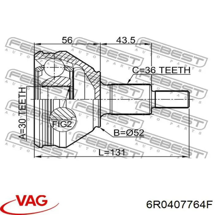 Піввісь передня, права VAG 6R0407764F ціна, від 71.55 USD