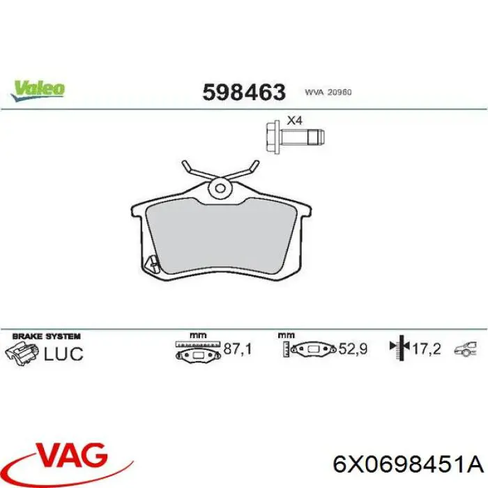 Задні гальмівні колодки 6X0698451A VAG