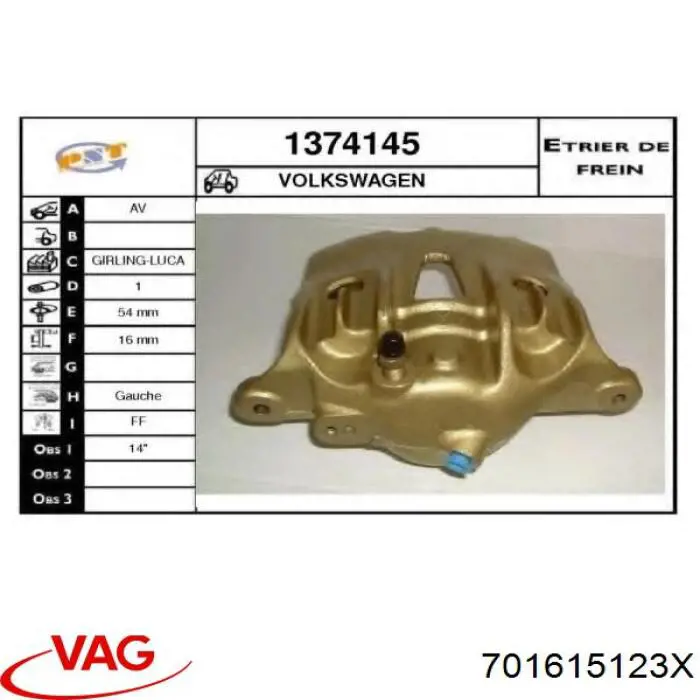 Супорт гальмівний передній лівий VAG 701615123X ціна, від 44.91 USD