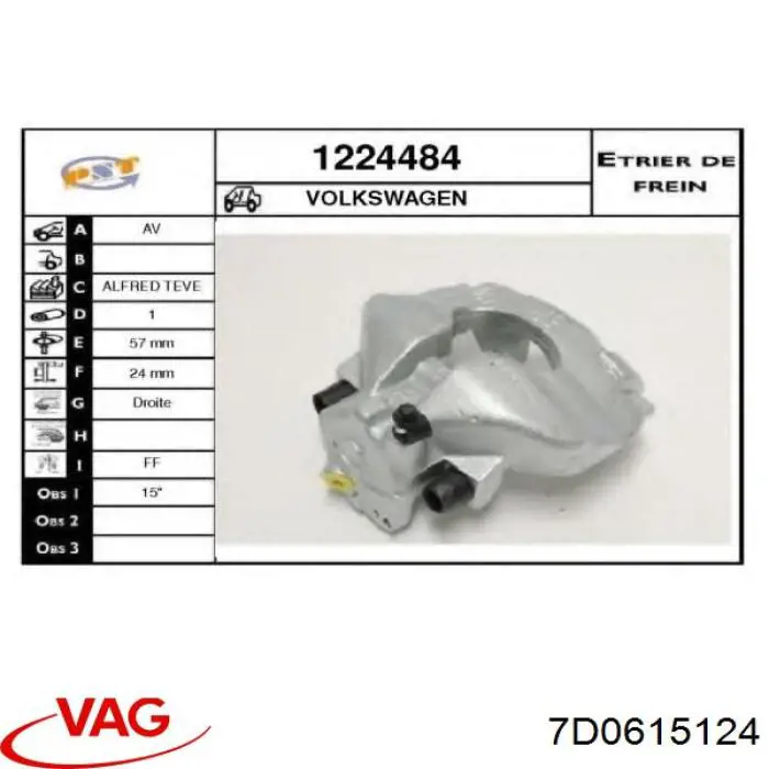 Супорт гальмівний передній правий VAG 7D0615124 ціна, від 44.50 USD