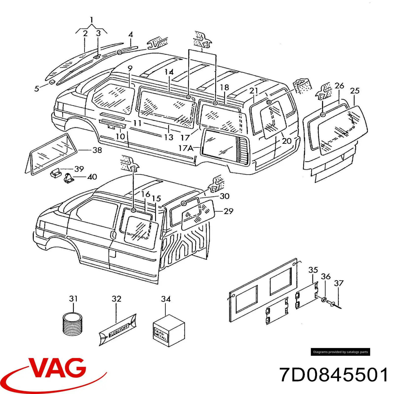 7D0845501 VAG Скло багажних дверей розпашних, лівих