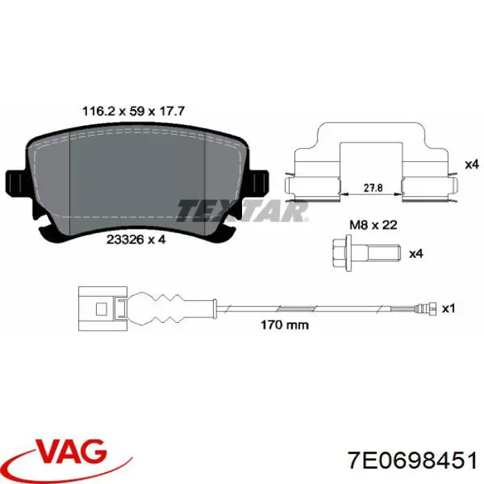 Задні гальмівні колодки 7E0698451 VAG
