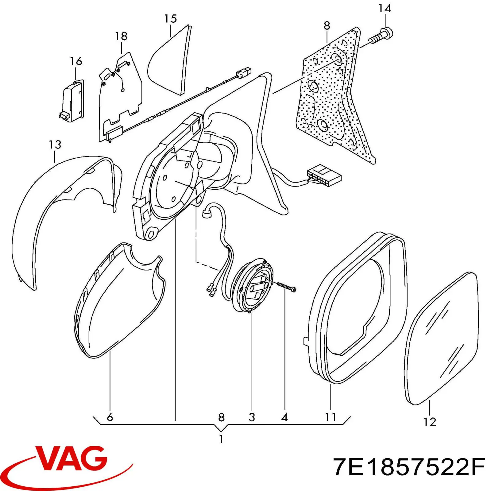 Скло дзеркала заднього виду, правого VAG 7E1857522F ціна, від 109.77 USD