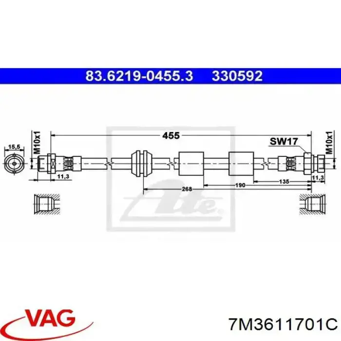 Шланг гальмівний передній VAG 7M3611701C ціна, від 7.81 USD