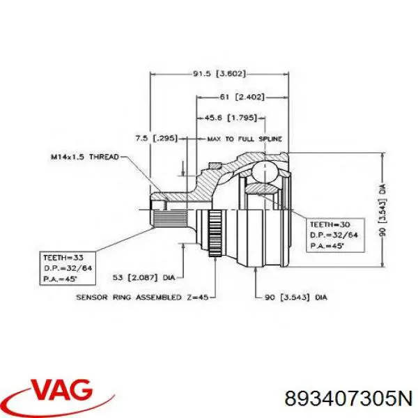 Купити 893407305N VAG Шарнір приводу зовнішній